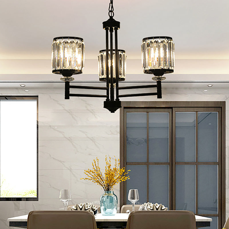 Retro Cylindrical Chandelier Pendant Light Crystal 3/6/8 Lights Hanging Light Kit in Black with Adjustable Chain 3 Black Clearhalo 'Ceiling Lights' 'Chandeliers' 'Modern Chandeliers' 'Modern' Lighting' 225788