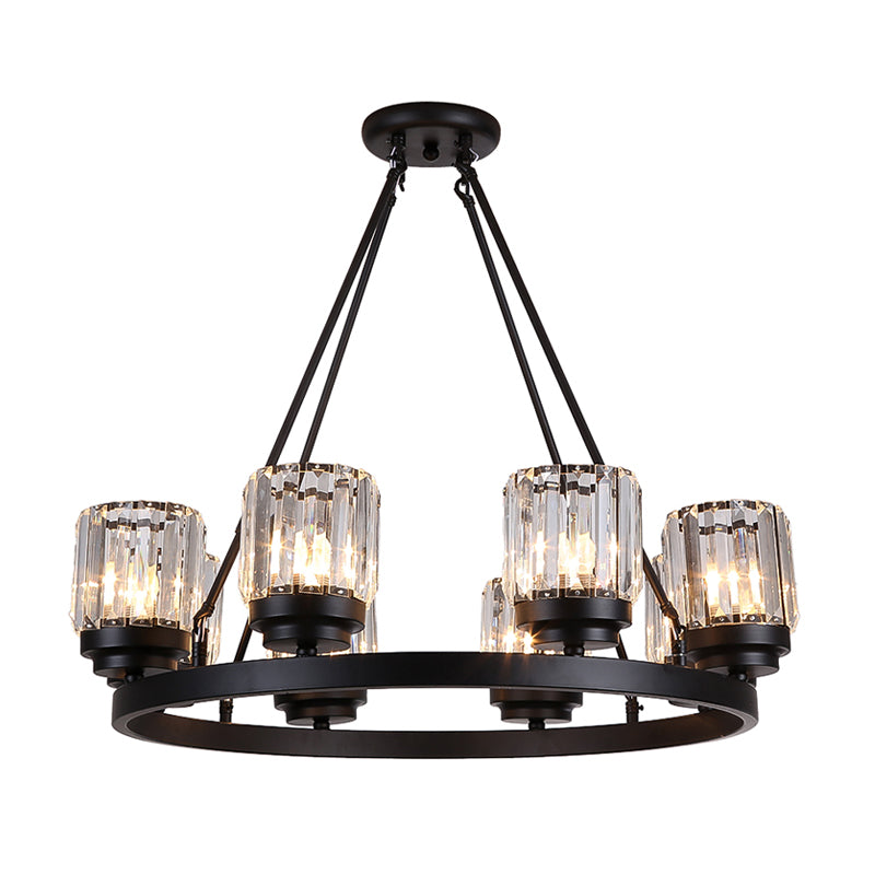 3/6/8 Lights Bedroom Chandelier Lighting Contemporary Black Hanging Light Kit with Cylindrical Crystal Shade Clearhalo 'Ceiling Lights' 'Chandeliers' 'Close To Ceiling Lights' 'Glass shade' 'Glass' 'Modern Chandeliers' 'Modern' Lighting' 225859