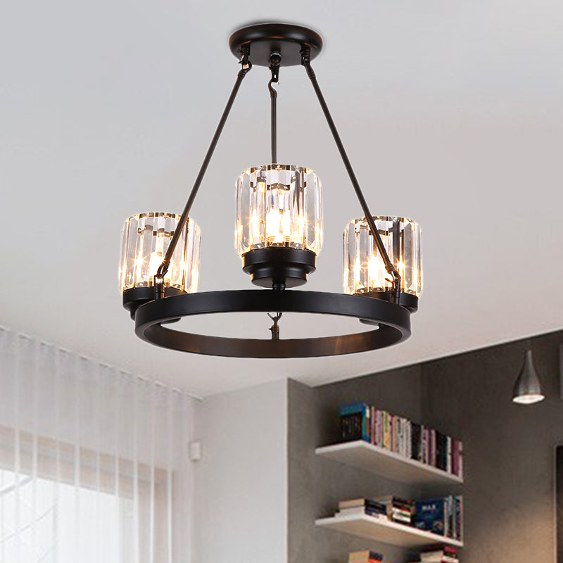 3/6/8 Lights Bedroom Chandelier Lighting Contemporary Black Hanging Light Kit with Cylindrical Crystal Shade 3 Black Clearhalo 'Ceiling Lights' 'Chandeliers' 'Close To Ceiling Lights' 'Glass shade' 'Glass' 'Modern Chandeliers' 'Modern' Lighting' 225865