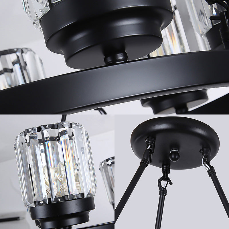 3/6/8 Lights Bedroom Chandelier Lighting Contemporary Black Hanging Light Kit with Cylindrical Crystal Shade Clearhalo 'Ceiling Lights' 'Chandeliers' 'Close To Ceiling Lights' 'Glass shade' 'Glass' 'Modern Chandeliers' 'Modern' Lighting' 225869