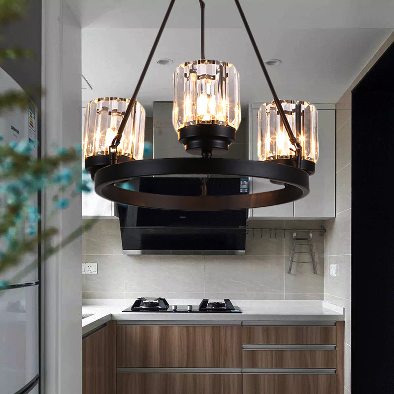 3/6/8 Lights Bedroom Chandelier Lighting Contemporary Black Hanging Light Kit with Cylindrical Crystal Shade Clearhalo 'Ceiling Lights' 'Chandeliers' 'Close To Ceiling Lights' 'Glass shade' 'Glass' 'Modern Chandeliers' 'Modern' Lighting' 225870