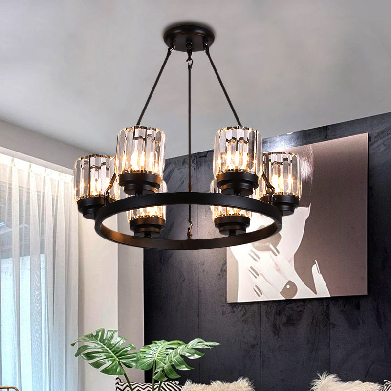 3/6/8 Lights Bedroom Chandelier Lighting Contemporary Black Hanging Light Kit with Cylindrical Crystal Shade Clearhalo 'Ceiling Lights' 'Chandeliers' 'Close To Ceiling Lights' 'Glass shade' 'Glass' 'Modern Chandeliers' 'Modern' Lighting' 225871