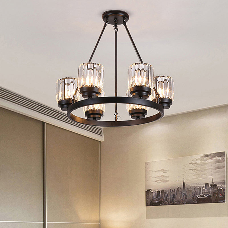 3/6/8 Lights Bedroom Chandelier Lighting Contemporary Black Hanging Light Kit with Cylindrical Crystal Shade 6 Black Clearhalo 'Ceiling Lights' 'Chandeliers' 'Close To Ceiling Lights' 'Glass shade' 'Glass' 'Modern Chandeliers' 'Modern' Lighting' 225872