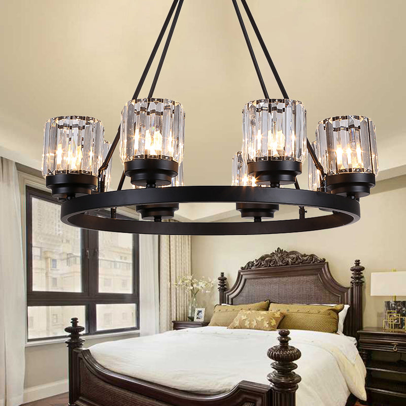 3/6/8 Lights Bedroom Chandelier Lighting Contemporary Black Hanging Light Kit with Cylindrical Crystal Shade 8 Black Clearhalo 'Ceiling Lights' 'Chandeliers' 'Close To Ceiling Lights' 'Glass shade' 'Glass' 'Modern Chandeliers' 'Modern' Lighting' 225873