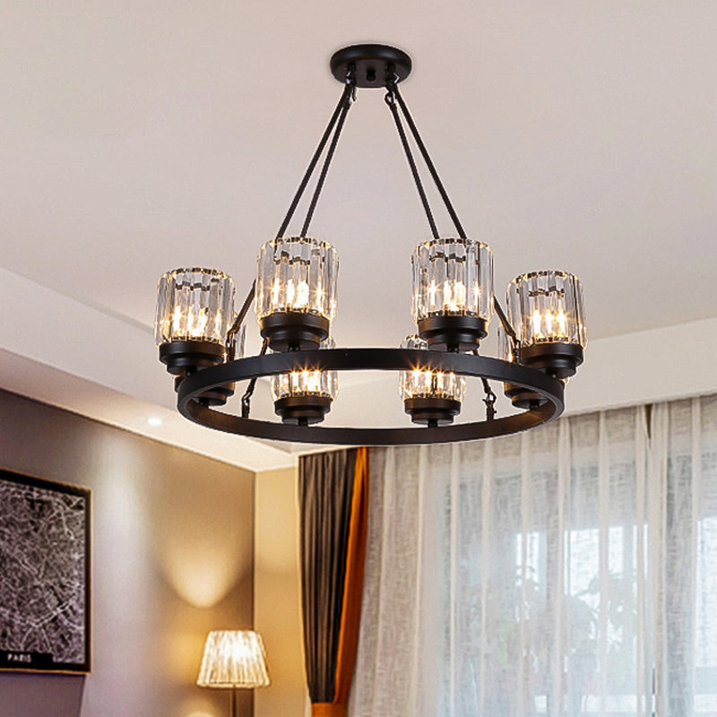 3/6/8 Lights Bedroom Chandelier Lighting Contemporary Black Hanging Light Kit with Cylindrical Crystal Shade Clearhalo 'Ceiling Lights' 'Chandeliers' 'Close To Ceiling Lights' 'Glass shade' 'Glass' 'Modern Chandeliers' 'Modern' Lighting' 225874