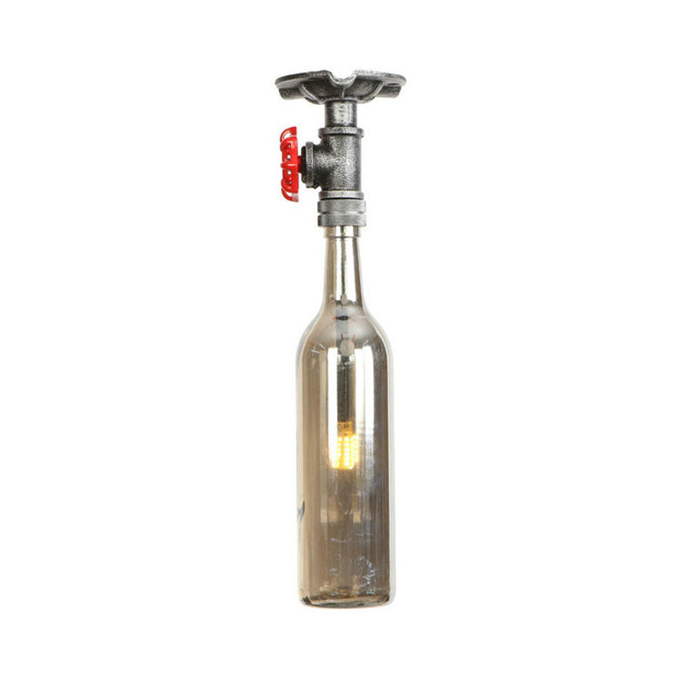 1 Light Ceiling Mounted Fixture with Wine Bottle Glass Shade and Valve Vintage Indoor Semi Mount Lighting in Grey/Brown Grey Clearhalo 'Ceiling Lights' 'Close To Ceiling Lights' 'Close to ceiling' 'Glass shade' 'Glass' 'Semi-flushmount' Lighting' 22589