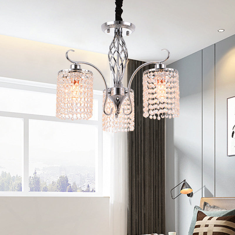 Contemporary Cylinder Chandelier Pendant Light Crystal 3/5 Lights Hanging Ceiling Light in Chrome for Living Room 3 Chrome Clearhalo 'Ceiling Lights' 'Chandeliers' 'Modern Chandeliers' 'Modern' Lighting' 225910