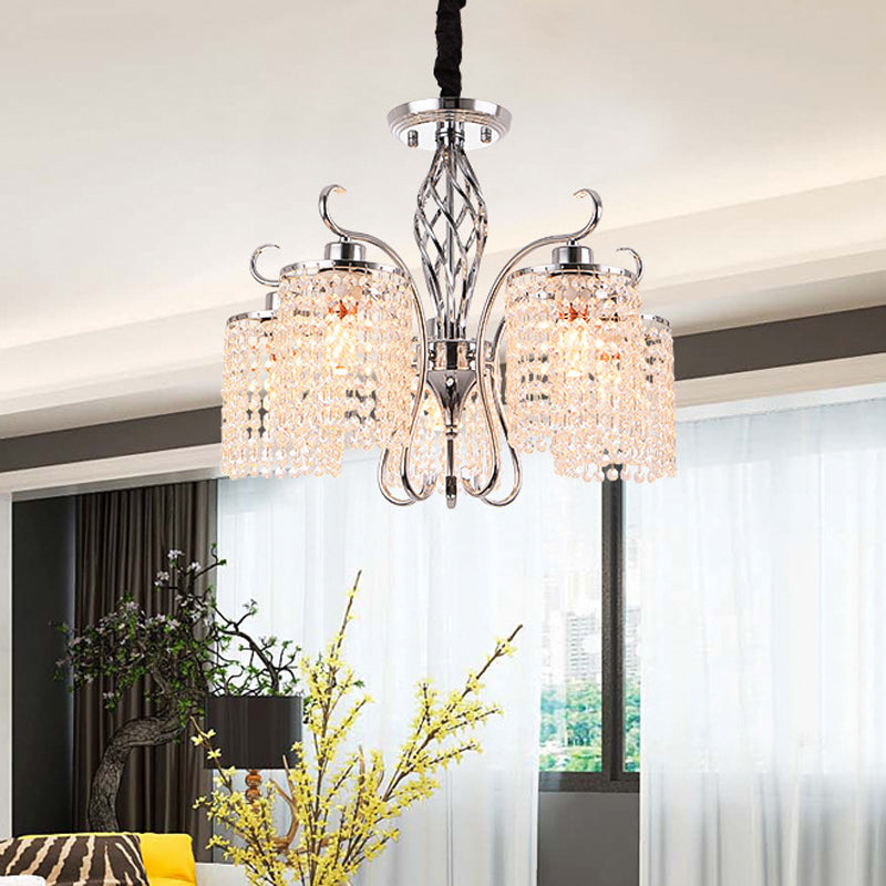 Contemporary Cylinder Chandelier Pendant Light Crystal 3/5 Lights Hanging Ceiling Light in Chrome for Living Room 5 Chrome Clearhalo 'Ceiling Lights' 'Chandeliers' 'Modern Chandeliers' 'Modern' Lighting' 225913