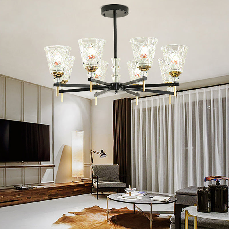 3/6/8 Lights Cone Chandelier Lighting Contemporary Crystal Hanging Ceiling Light in Black for Bedroom 8 Black Clearhalo 'Ceiling Lights' 'Chandeliers' 'Modern Chandeliers' 'Modern' Lighting' 225923