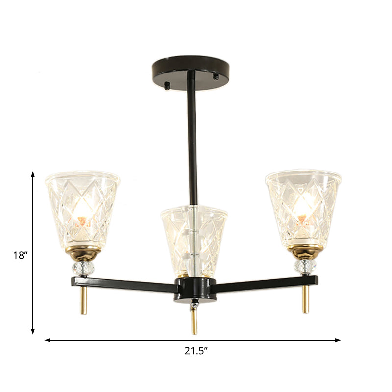 3/6/8 Lights Cone Chandelier Lighting Contemporary Crystal Hanging Ceiling Light in Black for Bedroom Clearhalo 'Ceiling Lights' 'Chandeliers' 'Modern Chandeliers' 'Modern' Lighting' 225933