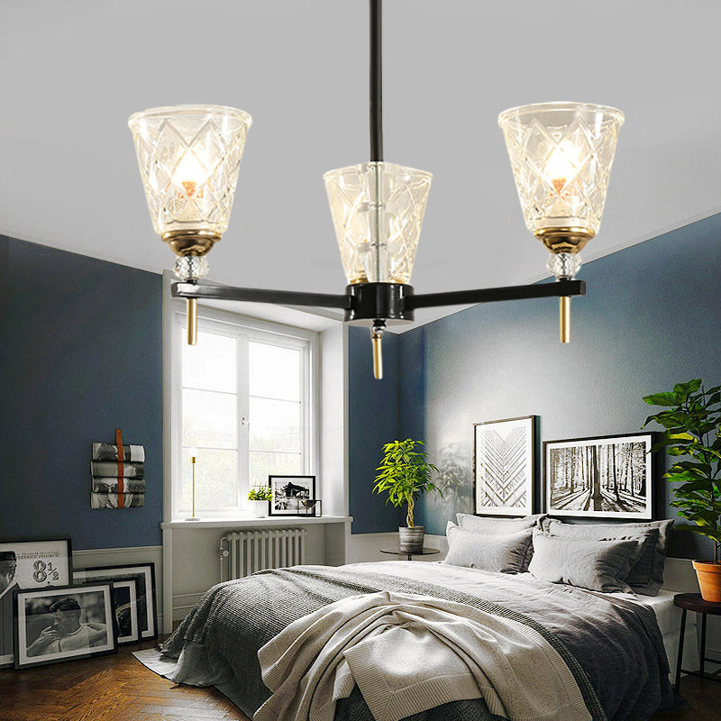 3/6/8 Lights Cone Chandelier Lighting Contemporary Crystal Hanging Ceiling Light in Black for Bedroom Clearhalo 'Ceiling Lights' 'Chandeliers' 'Modern Chandeliers' 'Modern' Lighting' 225934