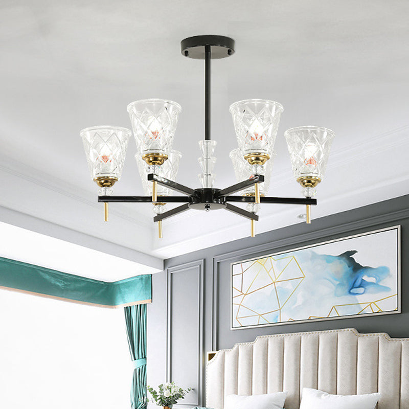 3/6/8 Lights Cone Chandelier Lighting Contemporary Crystal Hanging Ceiling Light in Black for Bedroom 6 Black Clearhalo 'Ceiling Lights' 'Chandeliers' 'Modern Chandeliers' 'Modern' Lighting' 225936