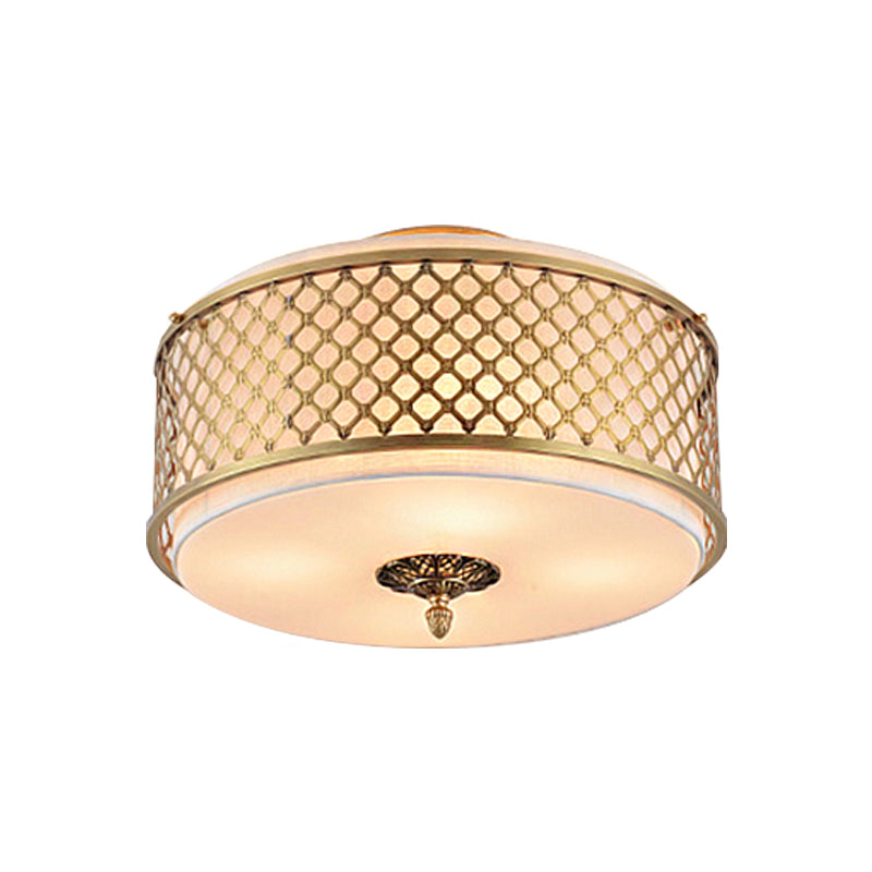 Drum Metal Flush Mount Lamp Classic 4/5 Lights Living Room Ceiling Lighting in Brass, 16"/19.5" Wide Clearhalo 'Ceiling Lights' 'Close To Ceiling Lights' 'Close to ceiling' 'Flush mount' Lighting' 225940