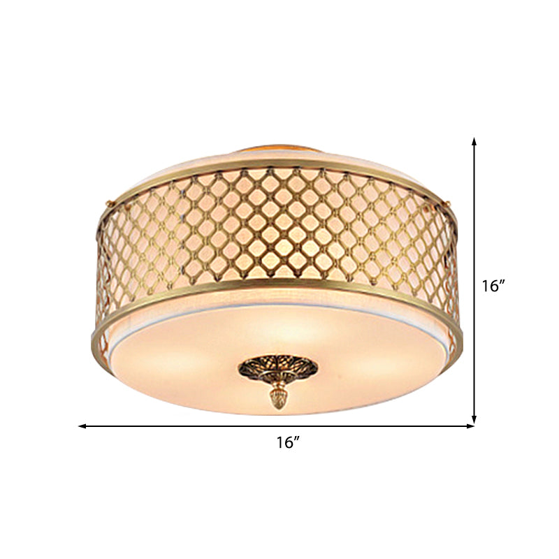 Drum Metal Flush Mount Lamp Classic 4/5 Lights Living Room Ceiling Lighting in Brass, 16"/19.5" Wide Clearhalo 'Ceiling Lights' 'Close To Ceiling Lights' 'Close to ceiling' 'Flush mount' Lighting' 225941