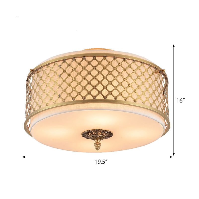 Drum Metal Flush Mount Lamp Classic 4/5 Lights Living Room Ceiling Lighting in Brass, 16"/19.5" Wide Clearhalo 'Ceiling Lights' 'Close To Ceiling Lights' 'Close to ceiling' 'Flush mount' Lighting' 225945