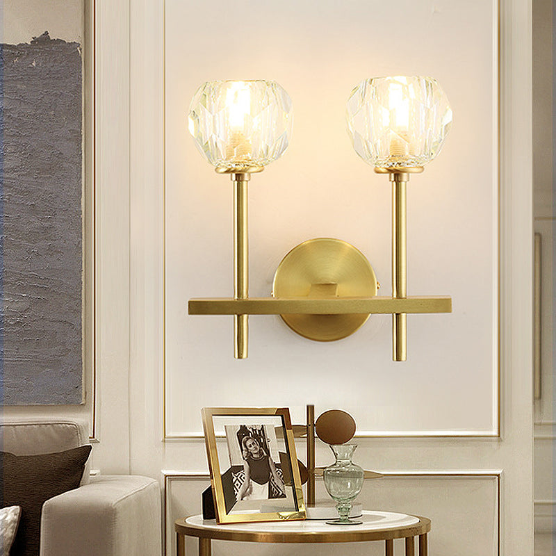 Minimalism 1 Light Wall Mounted Lighting Brass Faceted Sconce Light Fixture with Crystal Shade Clearhalo 'Modern wall lights' 'Modern' 'Wall Lamps & Sconces' 'Wall Lights' Lighting' 225977