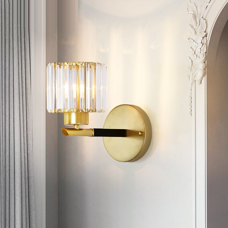 Gold Cylinder Sconce Light Fixture Modernism 1 Light Crystal Wall Mounted Lighting Gold Clearhalo 'Modern wall lights' 'Modern' 'Wall Lamps & Sconces' 'Wall Lights' Lighting' 225995