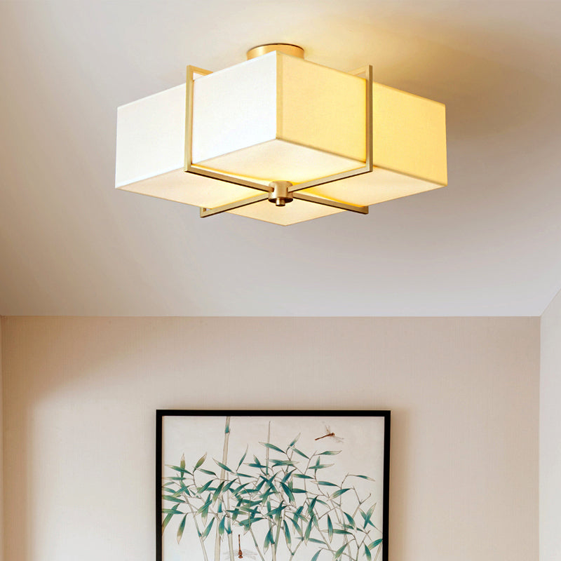 4 Lights Living Room Ceiling Light Fixture Traditional Brass Semi Flush with Rectangle Fabric Shade Brass Clearhalo 'Ceiling Lights' 'Close To Ceiling Lights' 'Close to ceiling' 'Semi-flushmount' Lighting' 225999