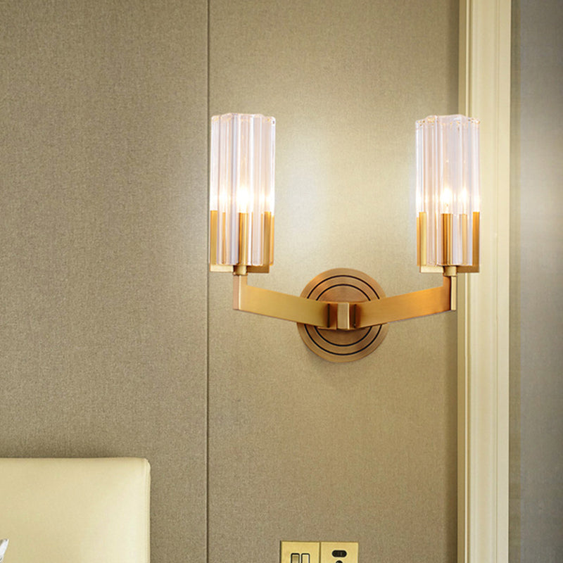 Crystal Ribbed Wall Mounted Lamp Retro 1/2 Lights Brass Flush Wall Sconce for Living Room Clearhalo 'Modern wall lights' 'Modern' 'Wall Lamps & Sconces' 'Wall Lights' Lighting' 226025