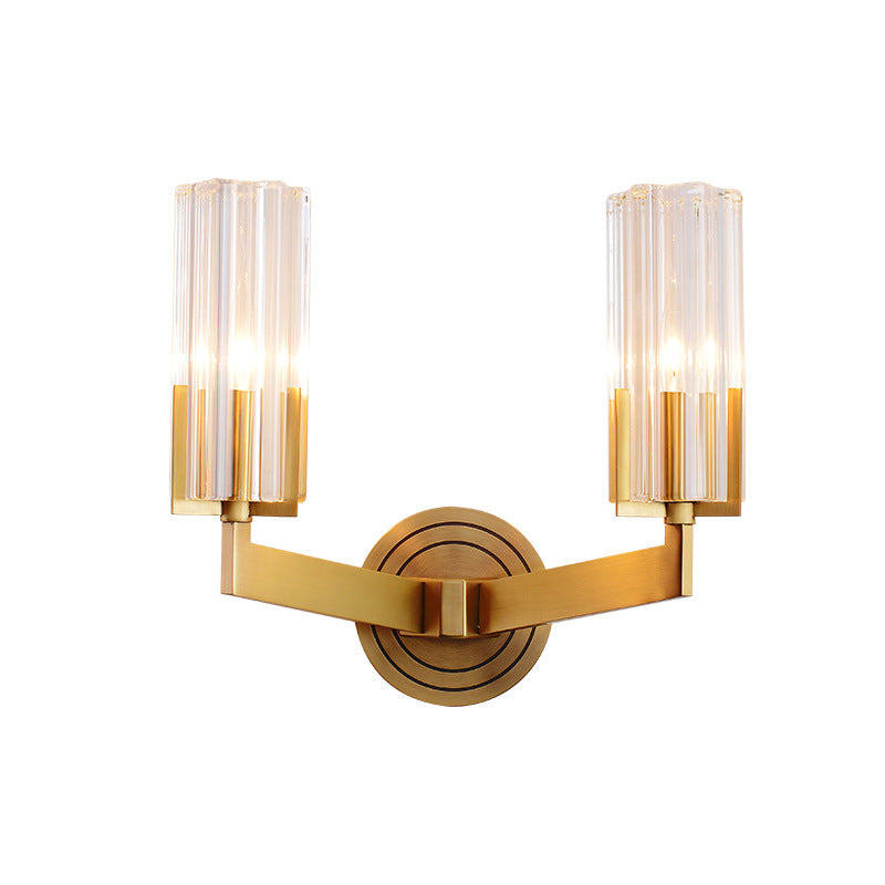 Crystal Ribbed Wall Mounted Lamp Retro 1/2 Lights Brass Flush Wall Sconce for Living Room Clearhalo 'Modern wall lights' 'Modern' 'Wall Lamps & Sconces' 'Wall Lights' Lighting' 226027