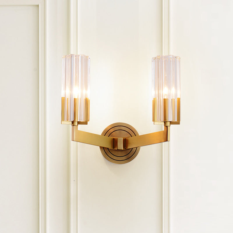 Crystal Ribbed Wall Mounted Lamp Retro 1/2 Lights Brass Flush Wall Sconce for Living Room 2.0 Brass Clearhalo 'Modern wall lights' 'Modern' 'Wall Lamps & Sconces' 'Wall Lights' Lighting' 226035