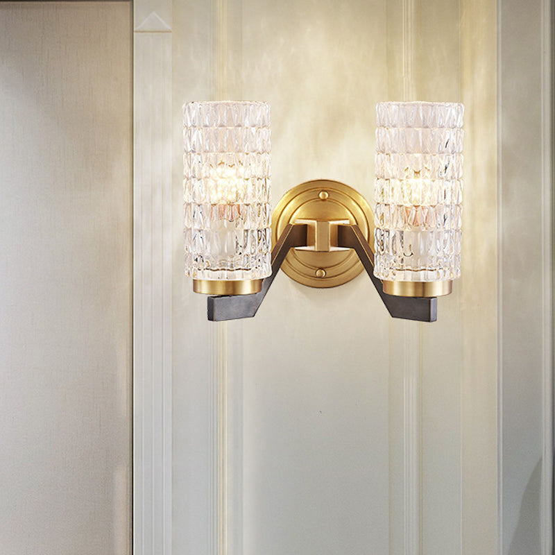 Simplicity Cylindrical Flush Wall Sconce Crystal 1/2 Lights Sconce Light Fixture in Brass for Bedside Clearhalo 'Modern wall lights' 'Modern' 'Wall Lamps & Sconces' 'Wall Lights' Lighting' 226056