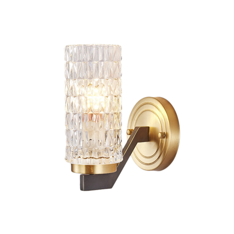 Simplicity Cylindrical Flush Wall Sconce Crystal 1/2 Lights Sconce Light Fixture in Brass for Bedside Clearhalo 'Modern wall lights' 'Modern' 'Wall Lamps & Sconces' 'Wall Lights' Lighting' 226063