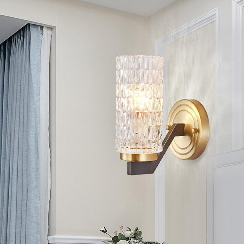 Simplicity Cylindrical Flush Wall Sconce Crystal 1/2 Lights Sconce Light Fixture in Brass for Bedside 1.0 Brass Clearhalo 'Modern wall lights' 'Modern' 'Wall Lamps & Sconces' 'Wall Lights' Lighting' 226065