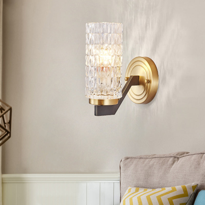 Simplicity Cylindrical Flush Wall Sconce Crystal 1/2 Lights Sconce Light Fixture in Brass for Bedside Clearhalo 'Modern wall lights' 'Modern' 'Wall Lamps & Sconces' 'Wall Lights' Lighting' 226066