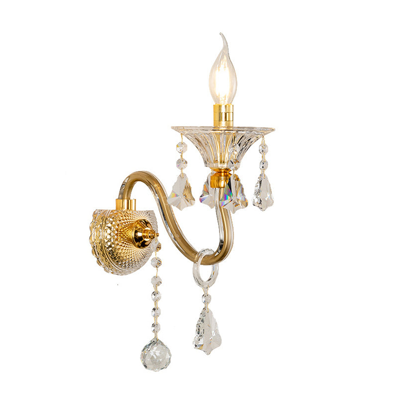 Mid-Century 1/2 Lights Wall Mounted Lighting Brass Candle Sconce Light Fixture with Crystal Shade Clearhalo 'Modern wall lights' 'Modern' 'Wall Lamps & Sconces' 'Wall Lights' Lighting' 226074