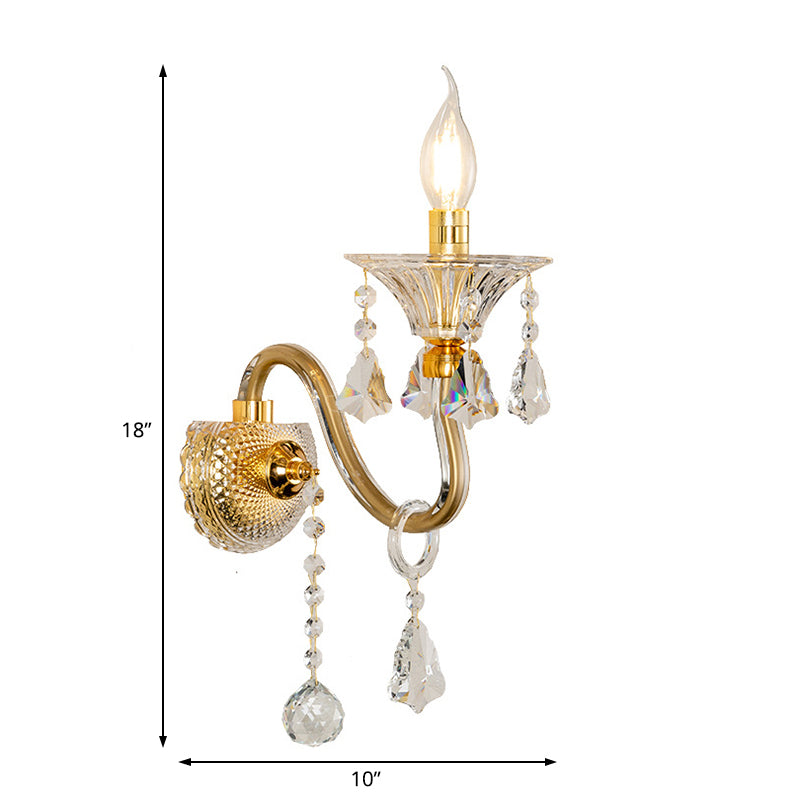 Mid-Century 1/2 Lights Wall Mounted Lighting Brass Candle Sconce Light Fixture with Crystal Shade Clearhalo 'Modern wall lights' 'Modern' 'Wall Lamps & Sconces' 'Wall Lights' Lighting' 226075