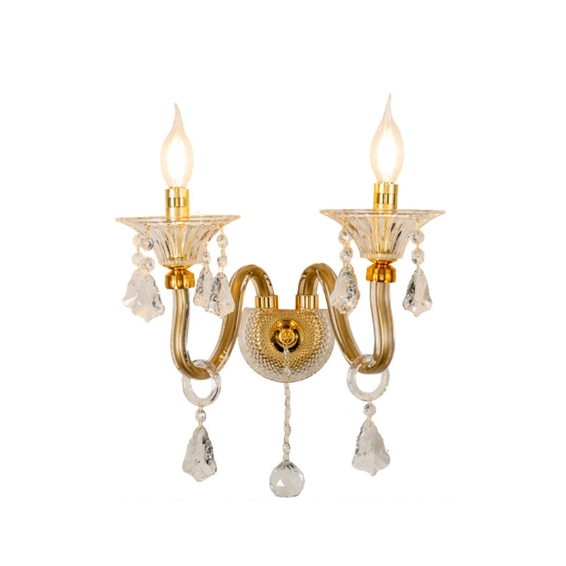 Mid-Century 1/2 Lights Wall Mounted Lighting Brass Candle Sconce Light Fixture with Crystal Shade Clearhalo 'Modern wall lights' 'Modern' 'Wall Lamps & Sconces' 'Wall Lights' Lighting' 226078