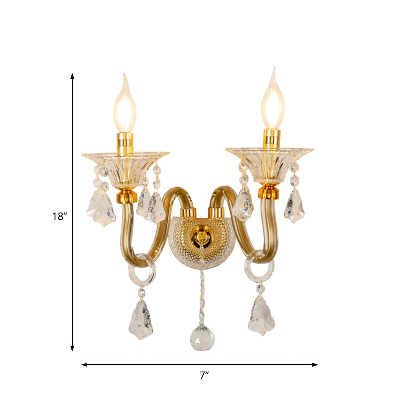 Mid-Century 1/2 Lights Wall Mounted Lighting Brass Candle Sconce Light Fixture with Crystal Shade Clearhalo 'Modern wall lights' 'Modern' 'Wall Lamps & Sconces' 'Wall Lights' Lighting' 226079