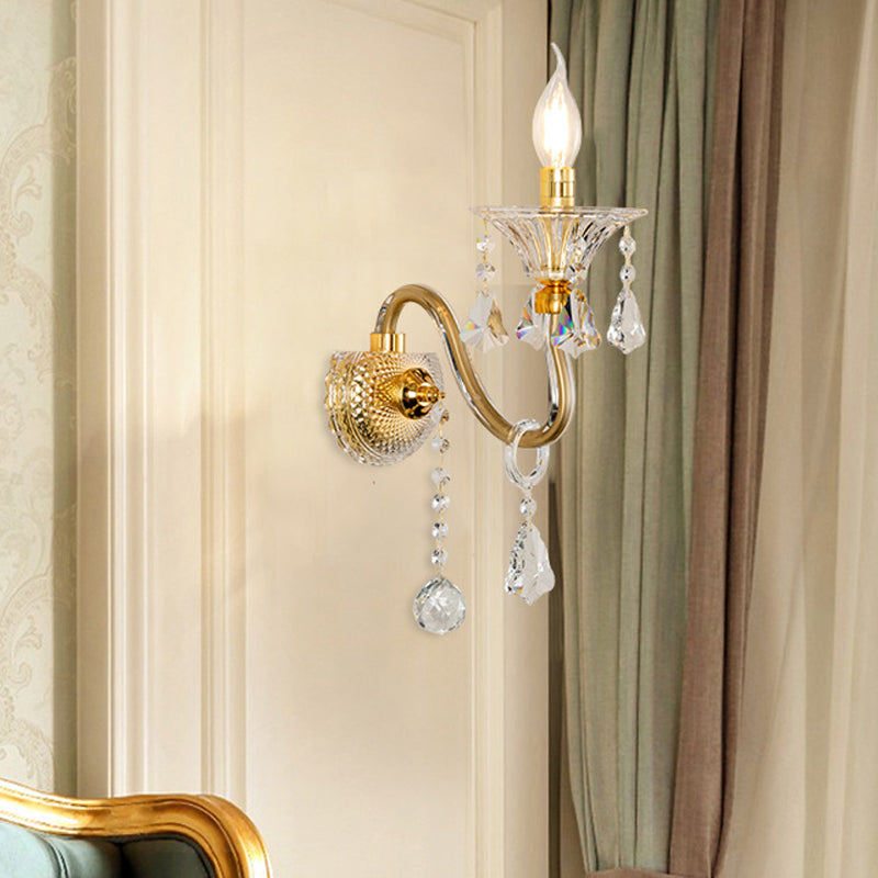 Mid-Century 1/2 Lights Wall Mounted Lighting Brass Candle Sconce Light Fixture with Crystal Shade 1.0 Brass Clearhalo 'Modern wall lights' 'Modern' 'Wall Lamps & Sconces' 'Wall Lights' Lighting' 226081