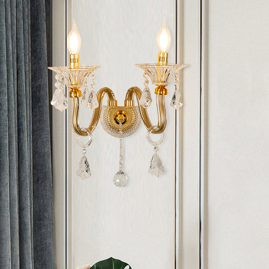 Mid-Century 1/2 Lights Wall Mounted Lighting Brass Candle Sconce Light Fixture with Crystal Shade 2.0 Brass Clearhalo 'Modern wall lights' 'Modern' 'Wall Lamps & Sconces' 'Wall Lights' Lighting' 226083