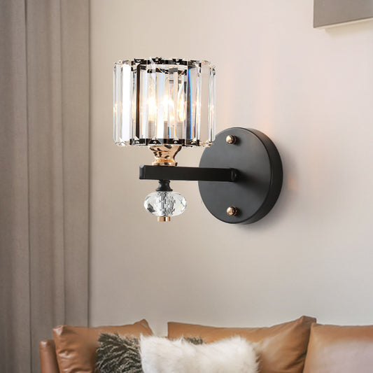 Crystal Drum Wall Light Modern 1 Light Flush Mount Wall Sconce in Black for Living Room Black Clearhalo 'Modern wall lights' 'Modern' 'Wall Lamps & Sconces' 'Wall Lights' Lighting' 226088