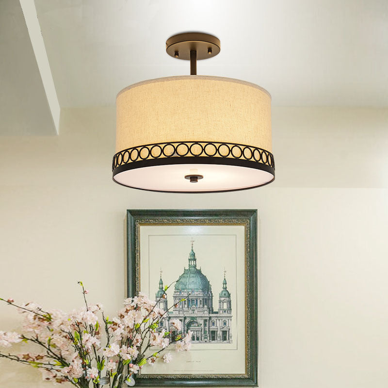 White Drum Semi Mount Lighting Traditional Fabric 5 Lights Living Room Ceiling Lamp Clearhalo 'Ceiling Lights' 'Close To Ceiling Lights' 'Close to ceiling' 'Semi-flushmount' Lighting' 226100