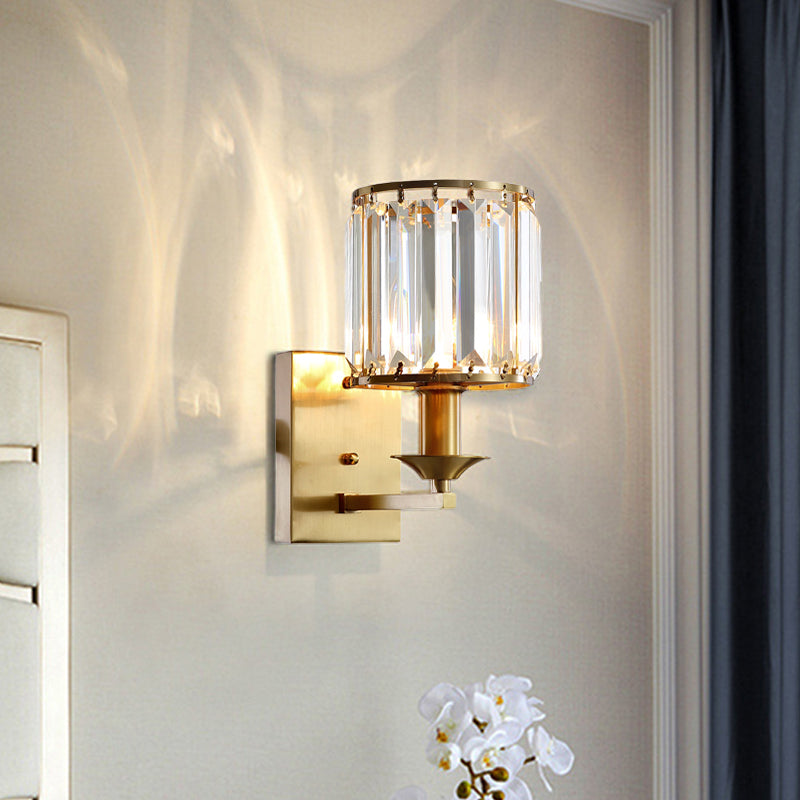 Black/Gold Cylinder Sconce Light Fixture Modernism 1 Light Crystal Wall Mounted Lighting Clearhalo 'Cast Iron' 'Glass' 'Industrial' 'Modern wall lights' 'Modern' 'Tiffany' 'Traditional wall lights' 'Wall Lamps & Sconces' 'Wall Lights' Lighting' 226109
