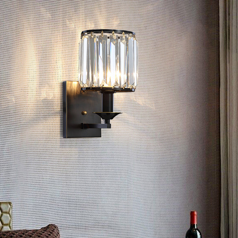 Black/Gold Cylinder Sconce Light Fixture Modernism 1 Light Crystal Wall Mounted Lighting Black Clearhalo 'Cast Iron' 'Glass' 'Industrial' 'Modern wall lights' 'Modern' 'Tiffany' 'Traditional wall lights' 'Wall Lamps & Sconces' 'Wall Lights' Lighting' 226114