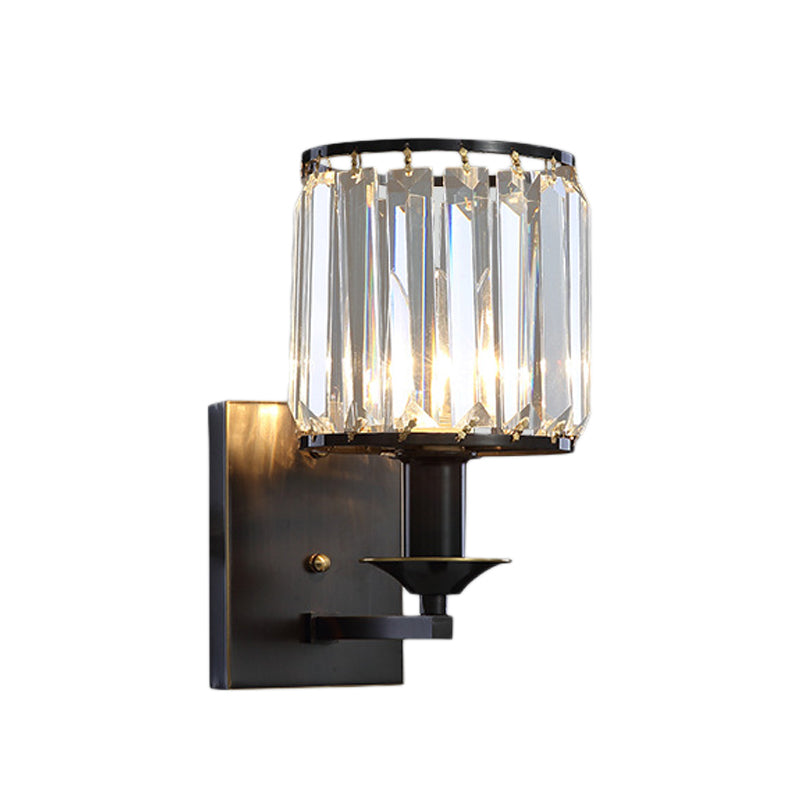 Black/Gold Cylinder Sconce Light Fixture Modernism 1 Light Crystal Wall Mounted Lighting Clearhalo 'Cast Iron' 'Glass' 'Industrial' 'Modern wall lights' 'Modern' 'Tiffany' 'Traditional wall lights' 'Wall Lamps & Sconces' 'Wall Lights' Lighting' 226116