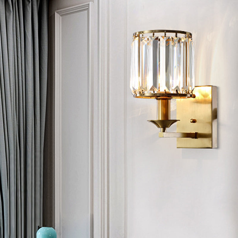 Black/Gold Cylinder Sconce Light Fixture Modernism 1 Light Crystal Wall Mounted Lighting Gold Clearhalo 'Cast Iron' 'Glass' 'Industrial' 'Modern wall lights' 'Modern' 'Tiffany' 'Traditional wall lights' 'Wall Lamps & Sconces' 'Wall Lights' Lighting' 226117