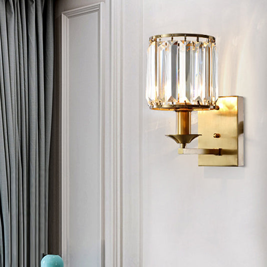 Black/Gold Cylinder Sconce Light Fixture Modernism 1 Light Crystal Wall Mounted Lighting Gold Clearhalo 'Cast Iron' 'Glass' 'Industrial' 'Modern wall lights' 'Modern' 'Tiffany' 'Traditional wall lights' 'Wall Lamps & Sconces' 'Wall Lights' Lighting' 226117