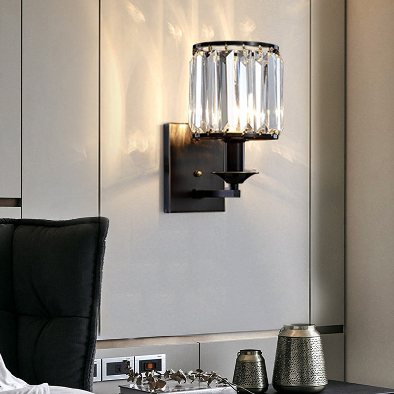 Black/Gold Cylinder Sconce Light Fixture Modernism 1 Light Crystal Wall Mounted Lighting Clearhalo 'Cast Iron' 'Glass' 'Industrial' 'Modern wall lights' 'Modern' 'Tiffany' 'Traditional wall lights' 'Wall Lamps & Sconces' 'Wall Lights' Lighting' 226118
