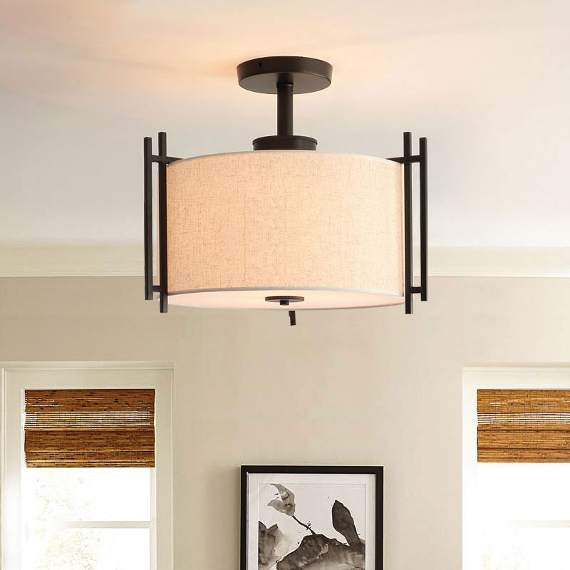 1 Light Drum Semi Flush Light Traditional Flaxen Fabric Ceiling Mounted Fixture for Living Room Clearhalo 'Ceiling Lights' 'Close To Ceiling Lights' 'Close to ceiling' 'Semi-flushmount' Lighting' 226120