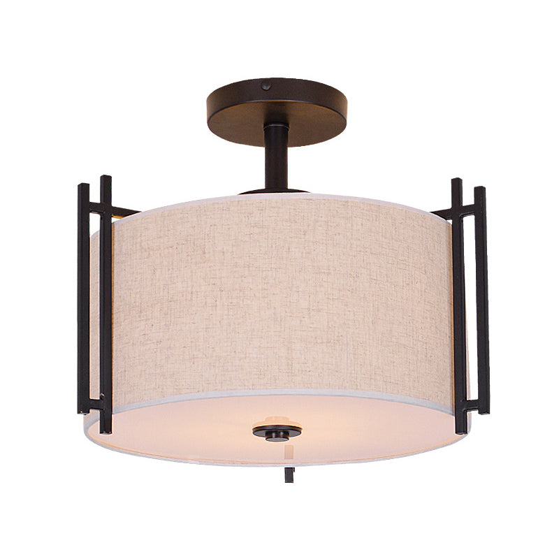 1 Light Drum Semi Flush Light Traditional Flaxen Fabric Ceiling Mounted Fixture for Living Room Clearhalo 'Ceiling Lights' 'Close To Ceiling Lights' 'Close to ceiling' 'Semi-flushmount' Lighting' 226121