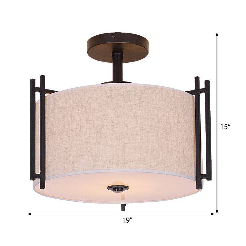 1 Light Drum Semi Flush Light Traditional Flaxen Fabric Ceiling Mounted Fixture for Living Room Clearhalo 'Ceiling Lights' 'Close To Ceiling Lights' 'Close to ceiling' 'Semi-flushmount' Lighting' 226122