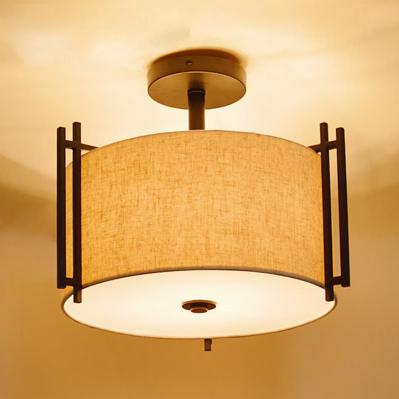 1 Light Drum Semi Flush Light Traditional Flaxen Fabric Ceiling Mounted Fixture for Living Room Flaxen Clearhalo 'Ceiling Lights' 'Close To Ceiling Lights' 'Close to ceiling' 'Semi-flushmount' Lighting' 226124