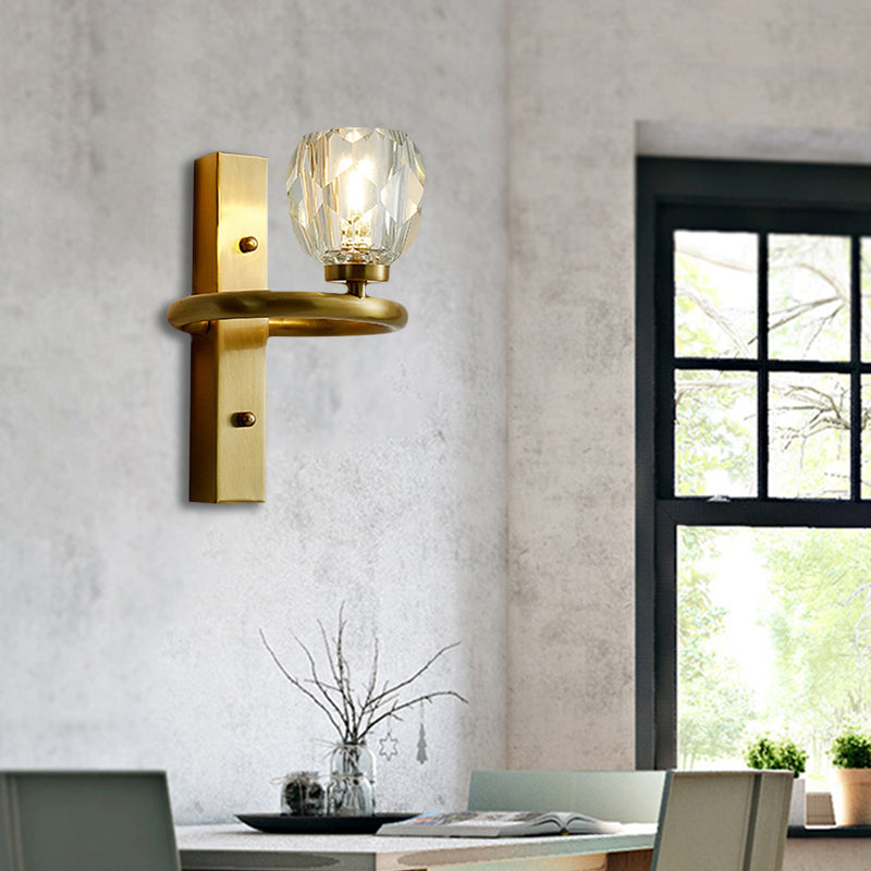 1 Light Dining Room Wall Sconce Lighting Contemporary Brass Wall Mount Light Fixture with Global Crystal Shade Brass Clearhalo 'Modern wall lights' 'Modern' 'Wall Lamps & Sconces' 'Wall Lights' Lighting' 226129