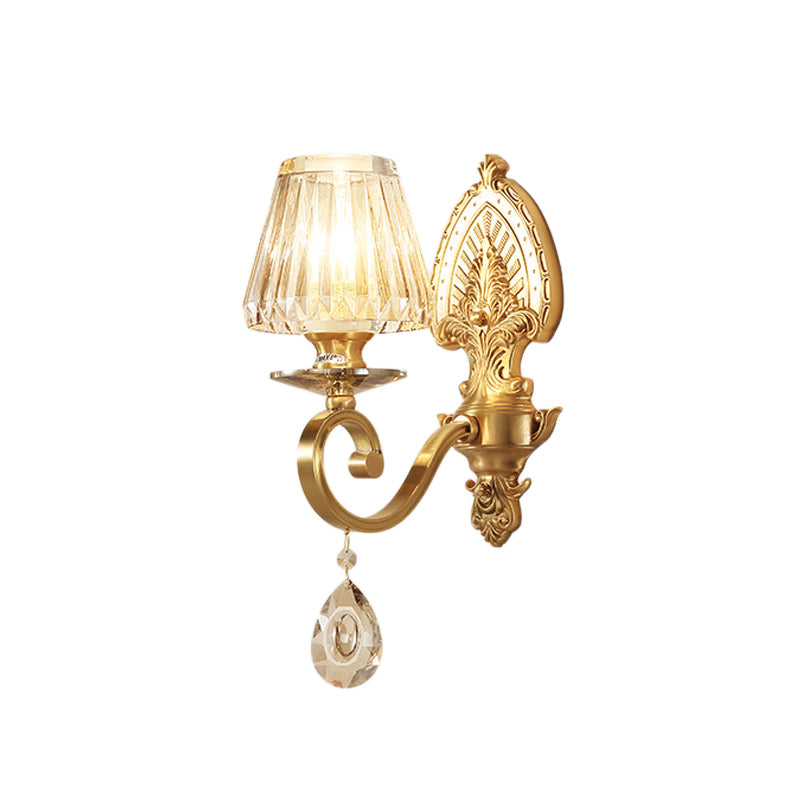 Gold Tapered Flush Mount Wall Sconce Mid-Century 1 Light Crystal Wall Light Fixture for Living Room Clearhalo 'Modern wall lights' 'Modern' 'Wall Lamps & Sconces' 'Wall Lights' Lighting' 226136