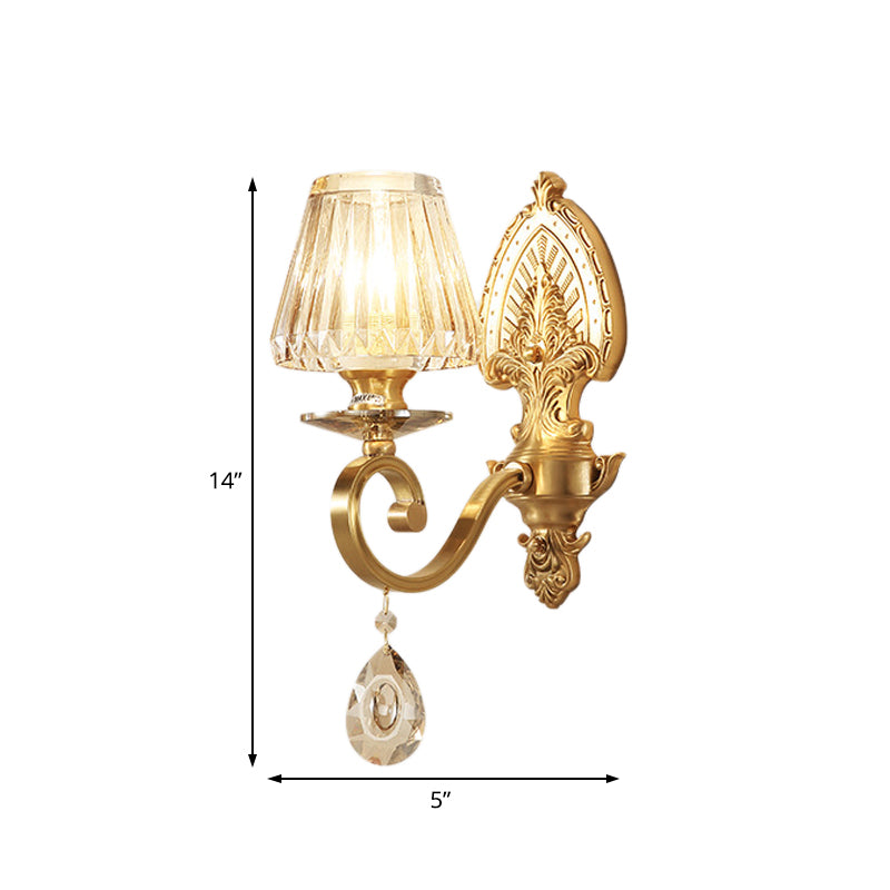 Gold Tapered Flush Mount Wall Sconce Mid-Century 1 Light Crystal Wall Light Fixture for Living Room Clearhalo 'Modern wall lights' 'Modern' 'Wall Lamps & Sconces' 'Wall Lights' Lighting' 226137